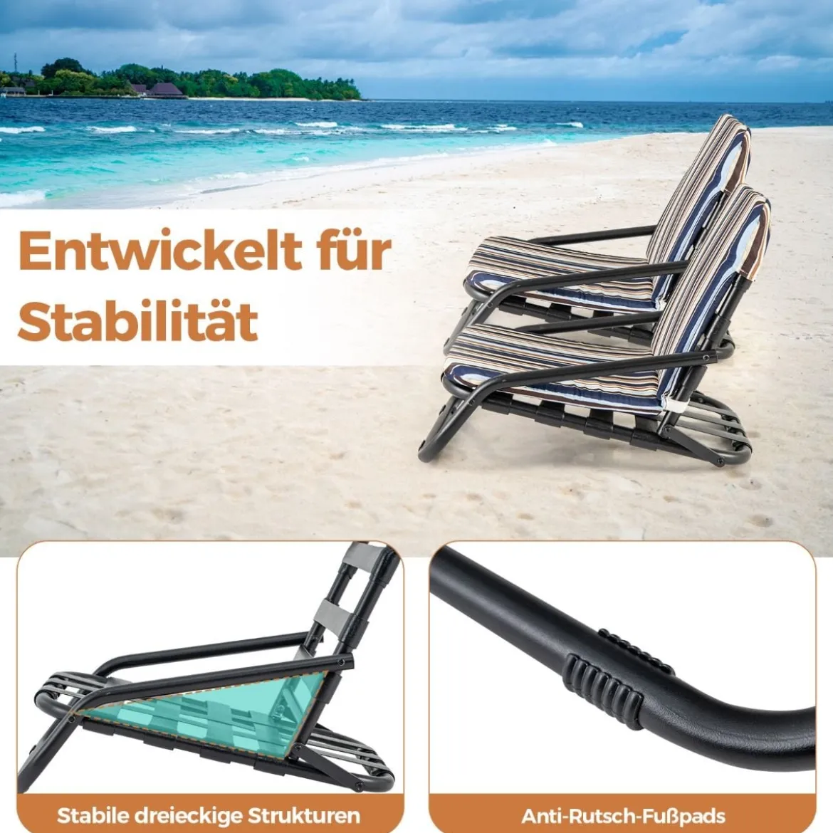 2er Set Strandstühle mit Kissen Klappbare Campingstühle Schnelltrocknende Baumwolle
