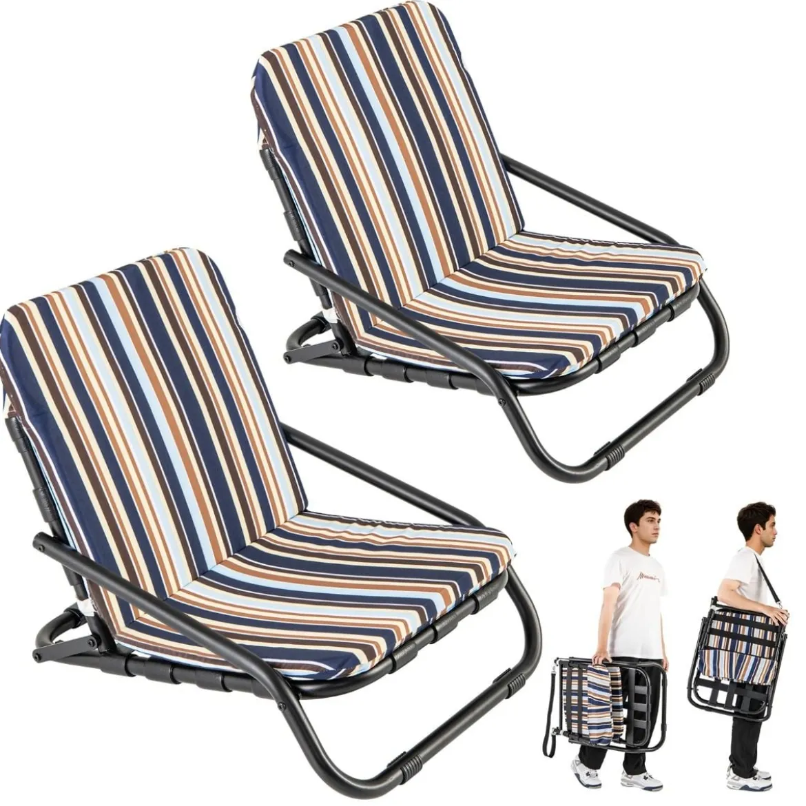 2er Set Strandstühle mit Kissen Klappbare Campingstühle Schnelltrocknende Baumwolle