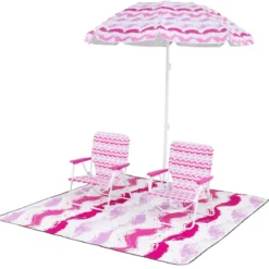 2er Set Strandstühle mit Schirm & Stranddecke Sonnenschirm mit Tragetasche 2 Klappstühle Rosa