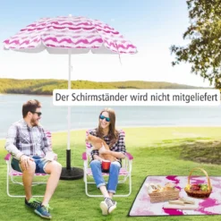 2er Set Strandstühle mit Schirm & Stranddecke Sonnenschirm mit Tragetasche 2 Klappstühle Rosa