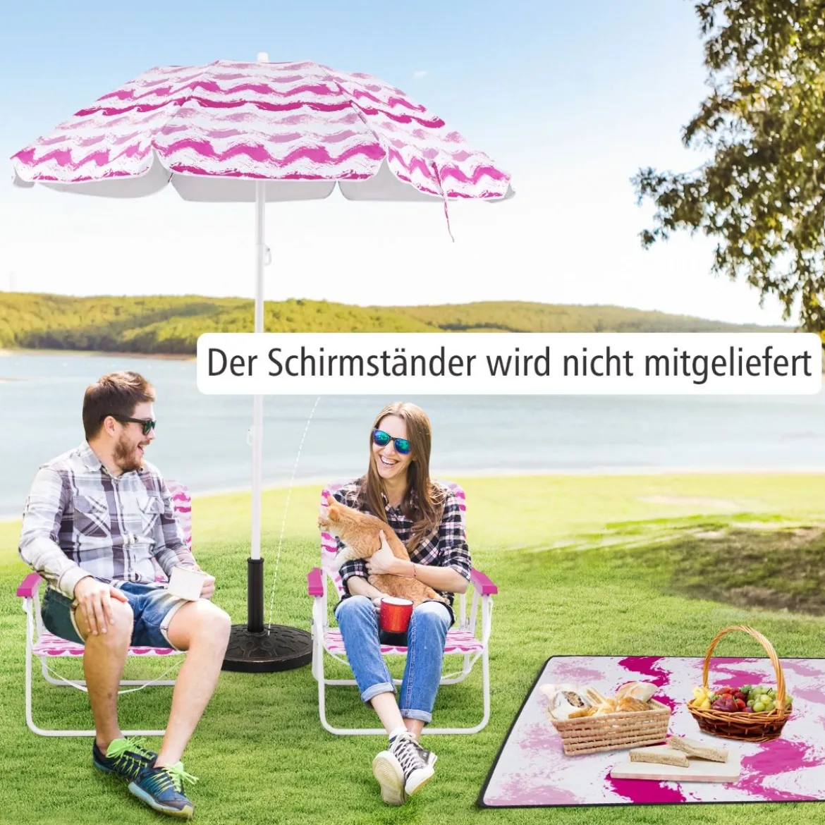 2er Set Strandstühle mit Schirm & Stranddecke Sonnenschirm mit Tragetasche 2 Klappstühle Rosa