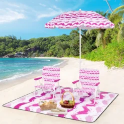 2er Set Strandstühle mit Schirm & Stranddecke Sonnenschirm mit Tragetasche 2 Klappstühle Rosa