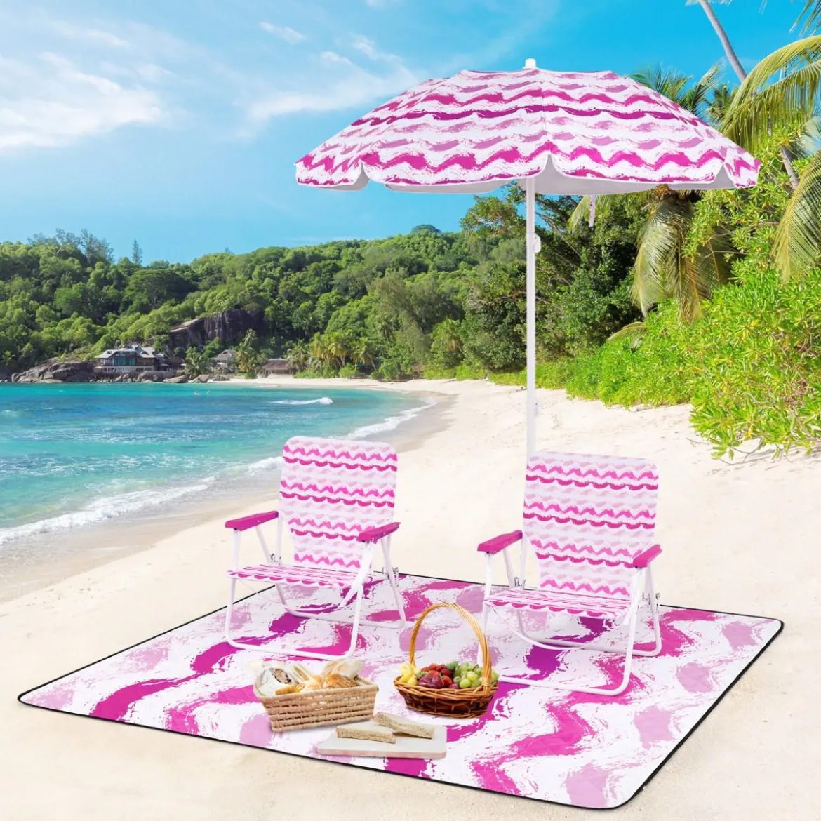 2er Set Strandstühle mit Schirm & Stranddecke Sonnenschirm mit Tragetasche 2 Klappstühle Rosa