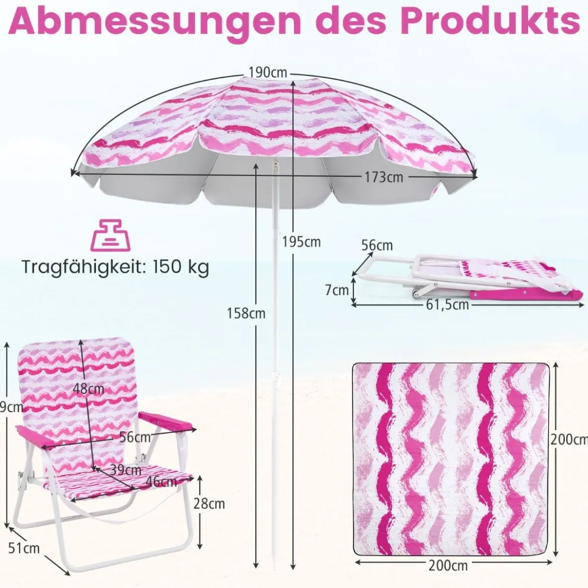 2er Set Strandstühle mit Schirm & Stranddecke Sonnenschirm mit Tragetasche 2 Klappstühle Rosa