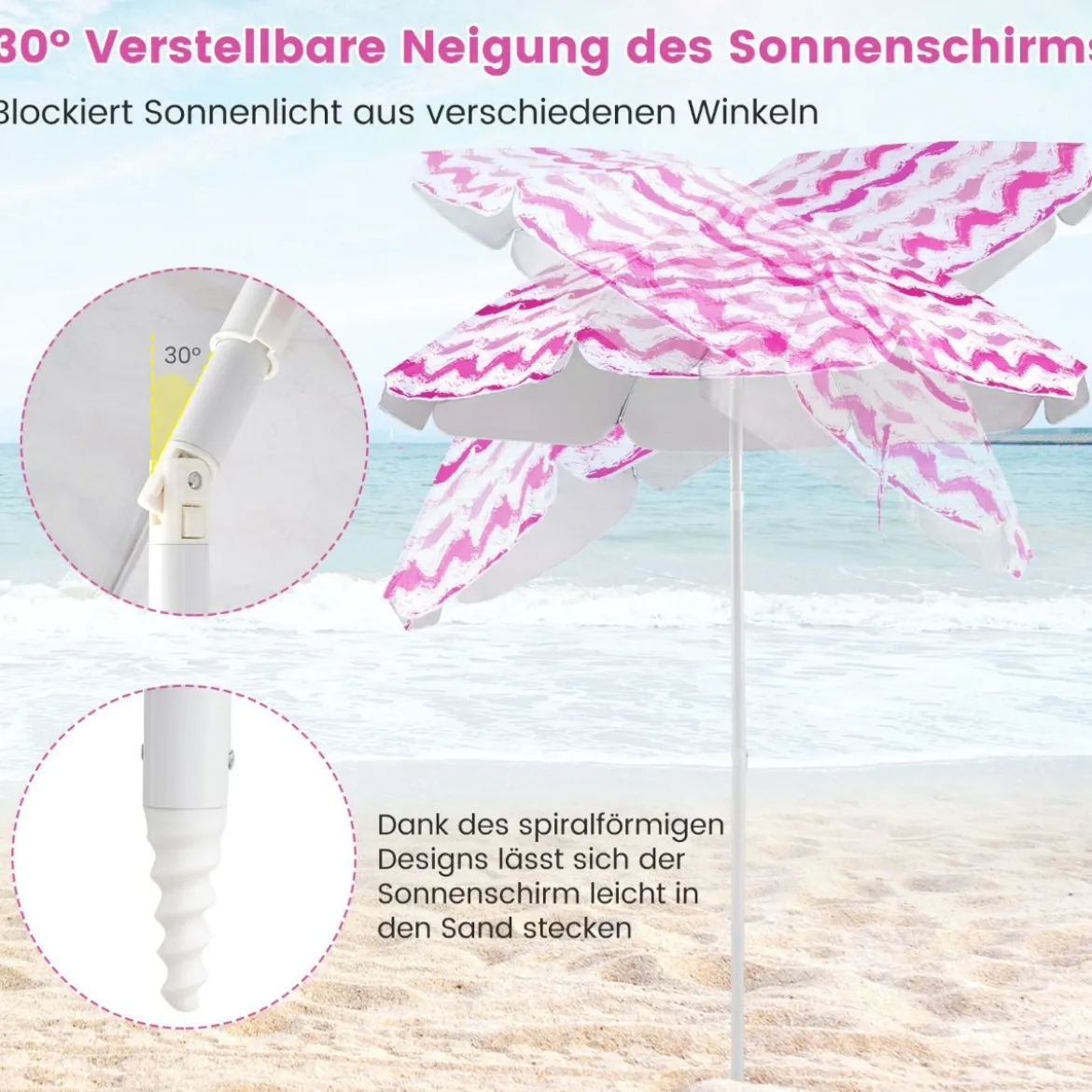 2er Set Strandstühle mit Schirm & Stranddecke Sonnenschirm mit Tragetasche 2 Klappstühle Rosa