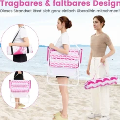 2er Set Strandstühle mit Schirm & Stranddecke Sonnenschirm mit Tragetasche 2 Klappstühle Rosa
