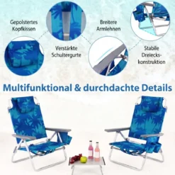 2er Set Strandstühle mit Tisch Klappbare Campingstühle mit Verstellbarer Rückenlehne