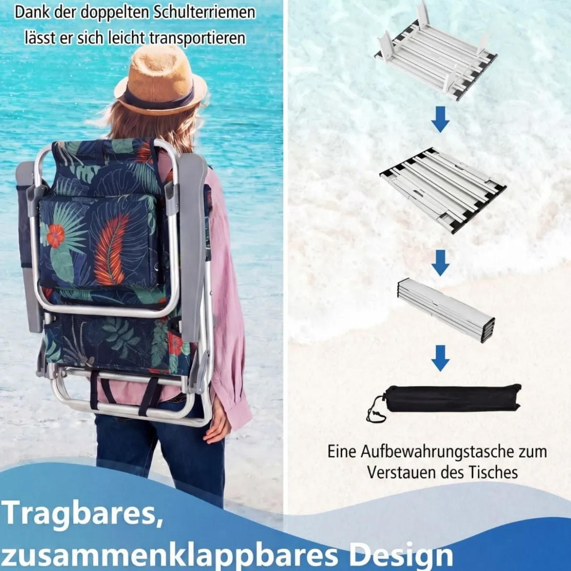 2er Set Strandstühle mit Tisch Klappbare Campingstühle mit Verstellbarer Rückenlehne
