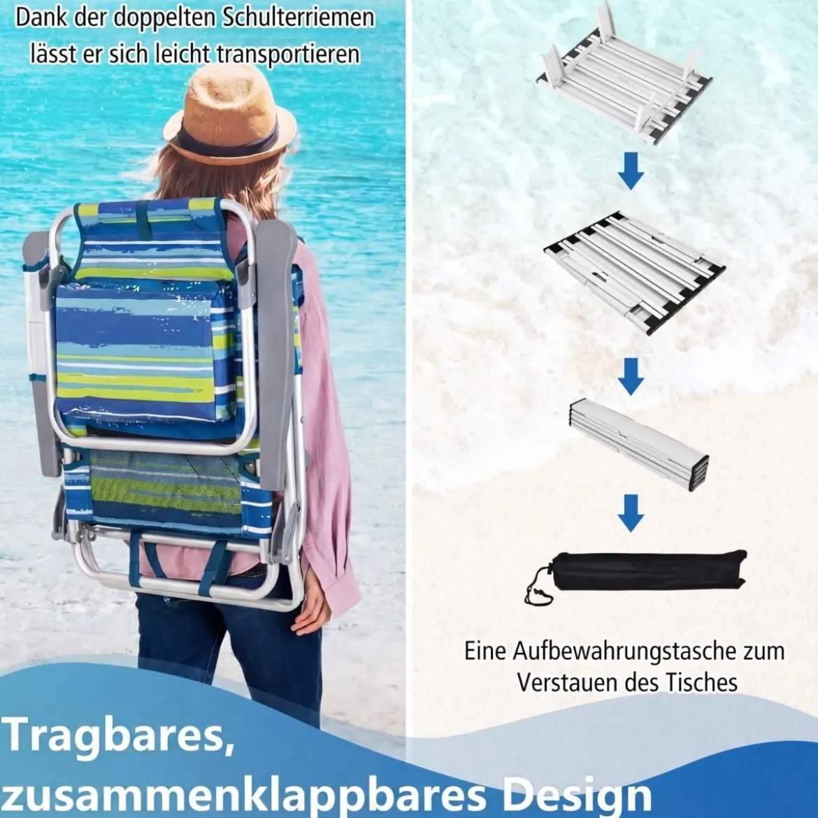 2er Set Strandstühle mit Tisch Klappbare Campingstühle mit Verstellbarer Rückenlehne