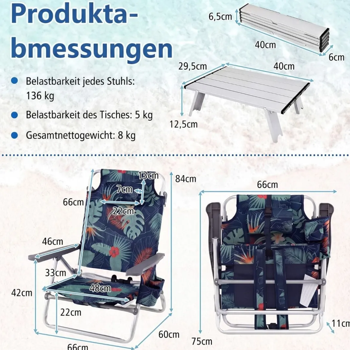 2er Set Strandstühle mit Tisch Klappbare Campingstühle mit Verstellbarer Rückenlehne