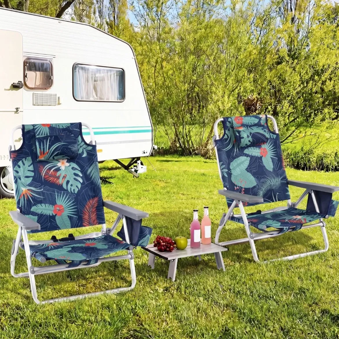2er Set Strandstühle mit Tisch Klappbare Campingstühle mit Verstellbarer Rückenlehne