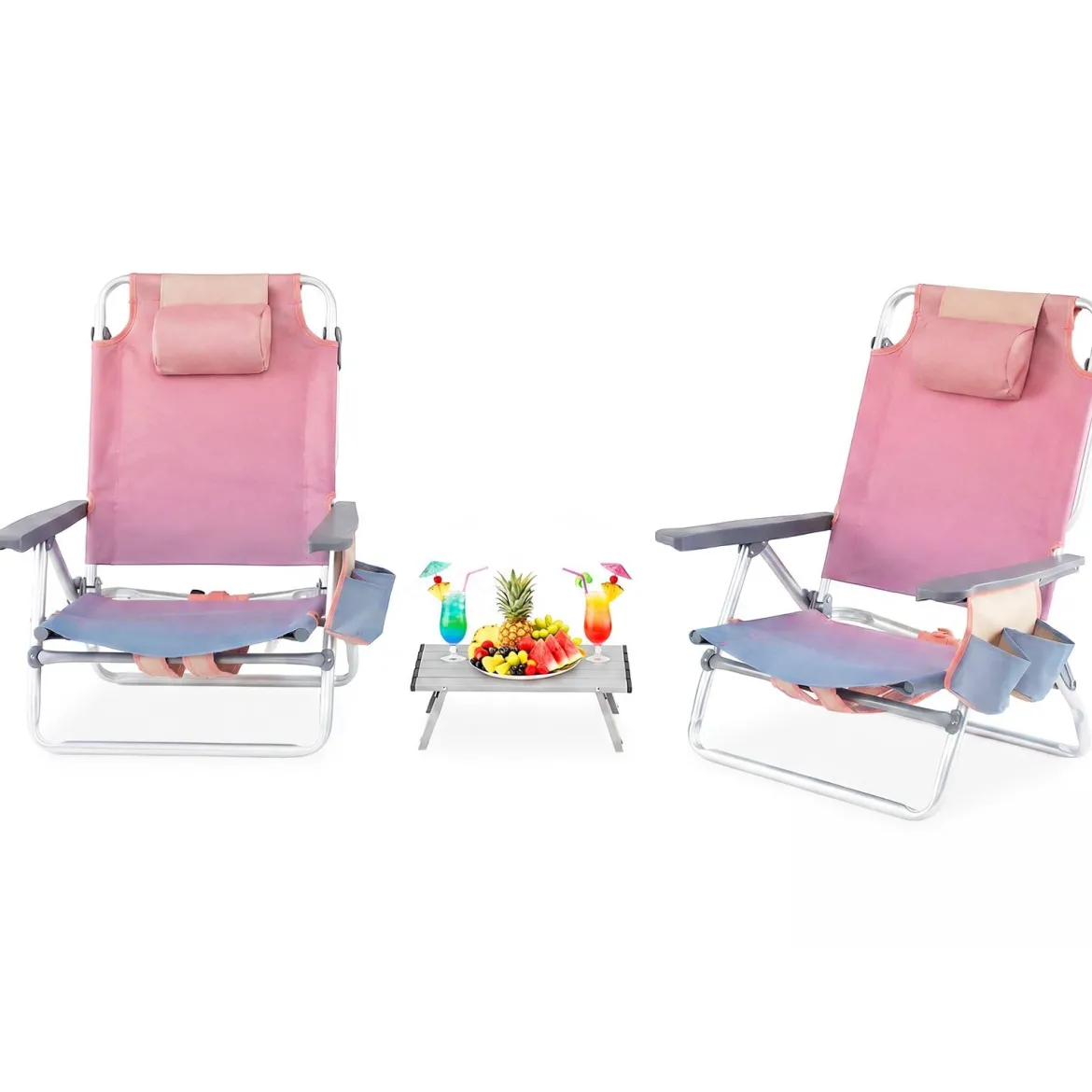2er Set Strandstühle mit Tisch Klappbare Campingstühle mit Verstellbarer Rückenlehne