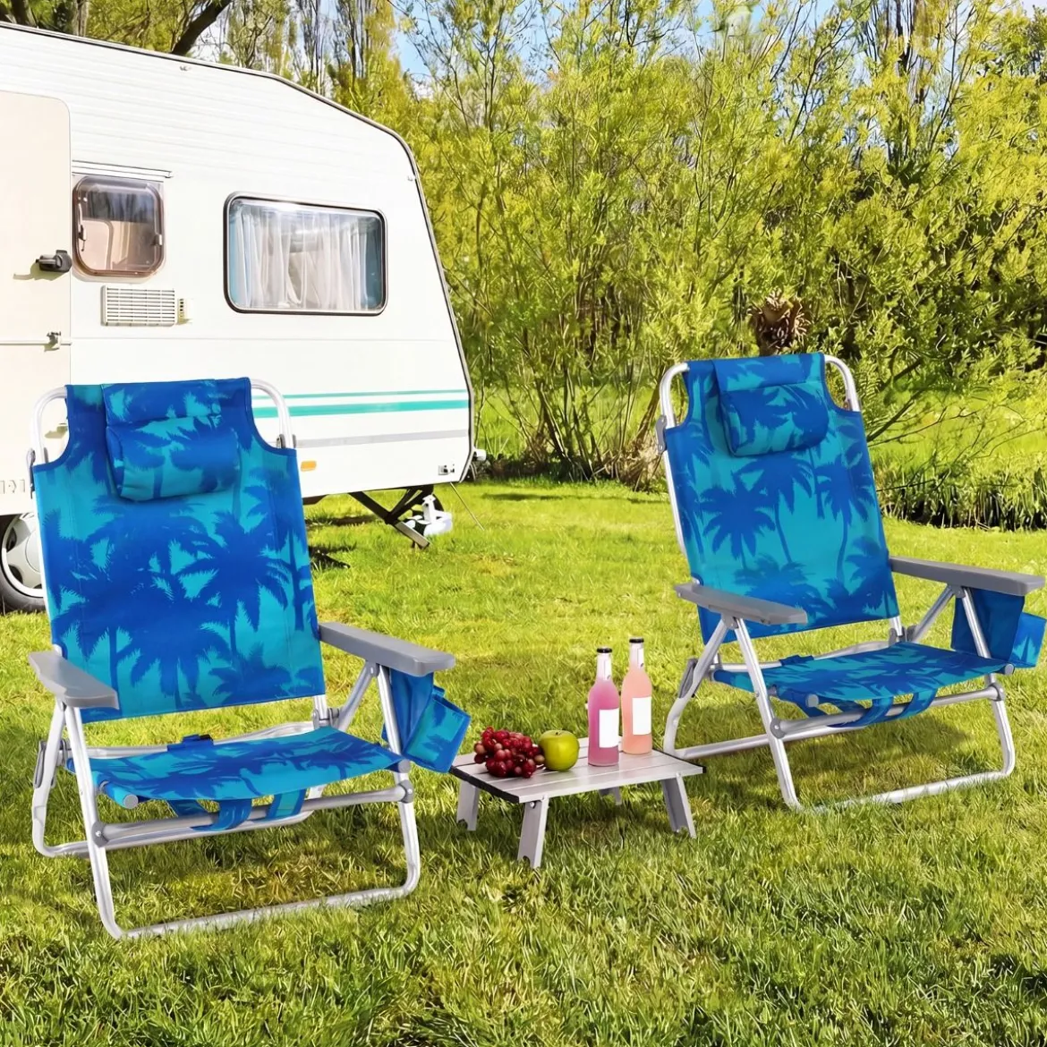 2er Set Strandstühle mit Tisch Klappbare Campingstühle mit Verstellbarer Rückenlehne