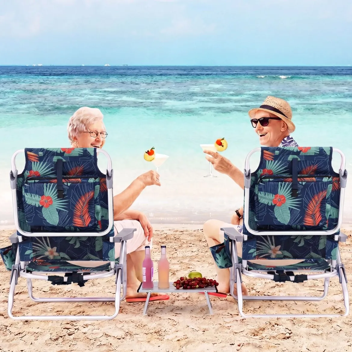 2er Set Strandstühle mit Tisch Klappbare Campingstühle mit Verstellbarer Rückenlehne
