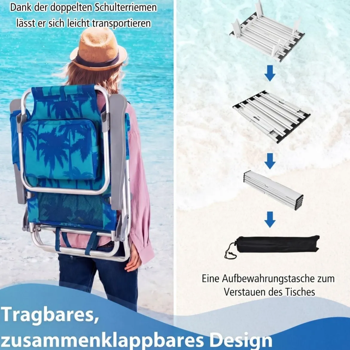 2er Set Strandstühle mit Tisch Klappbare Campingstühle mit Verstellbarer Rückenlehne