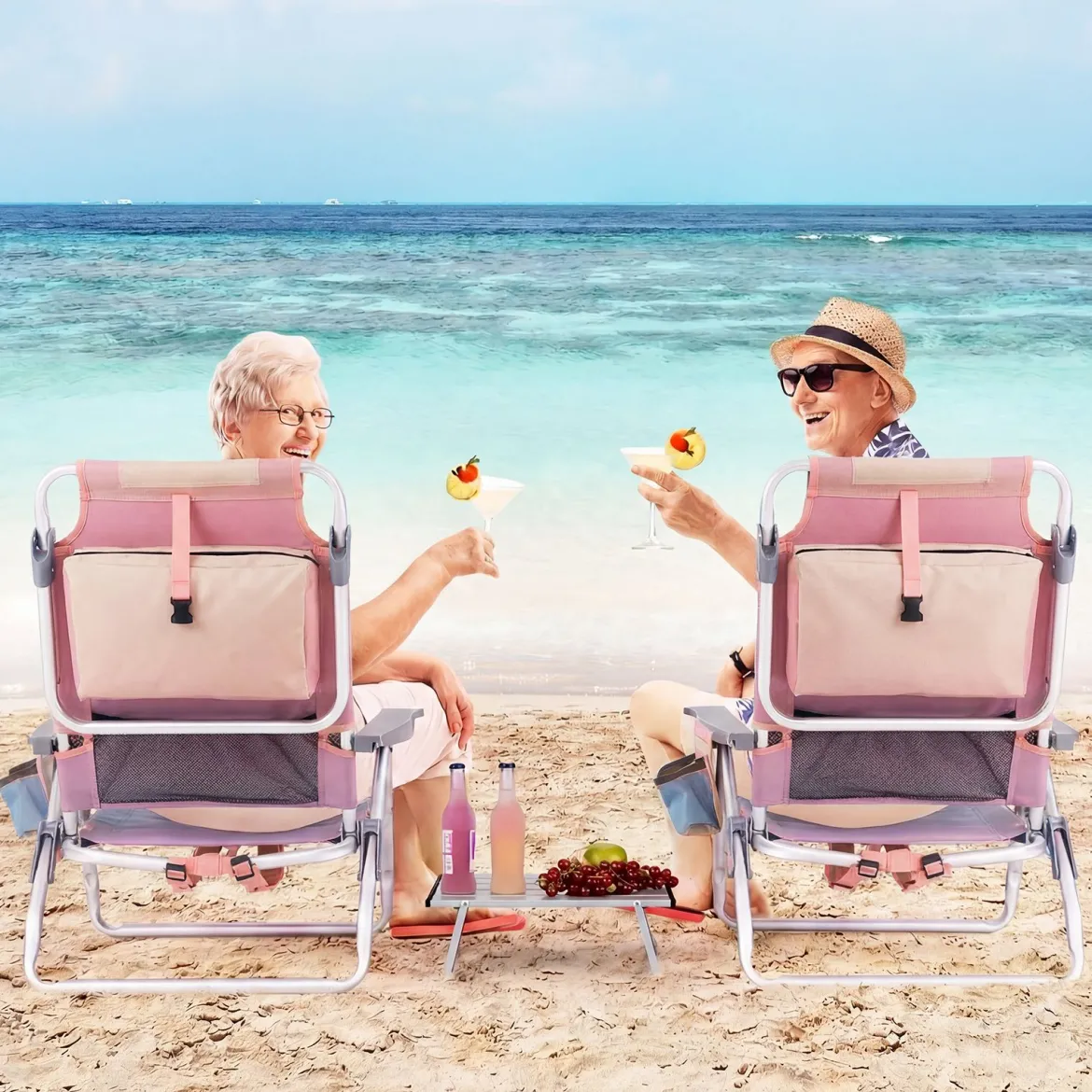 2er Set Strandstühle mit Tisch Klappbare Campingstühle mit Verstellbarer Rückenlehne