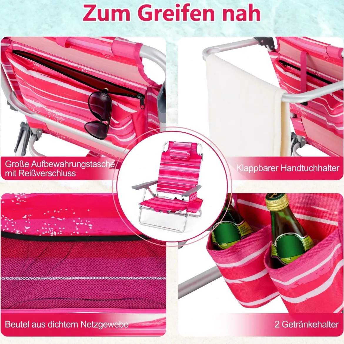 2er Set Strandstühle mit Tisch Klappbare Campingstühle mit Verstellbarer Rückenlehne