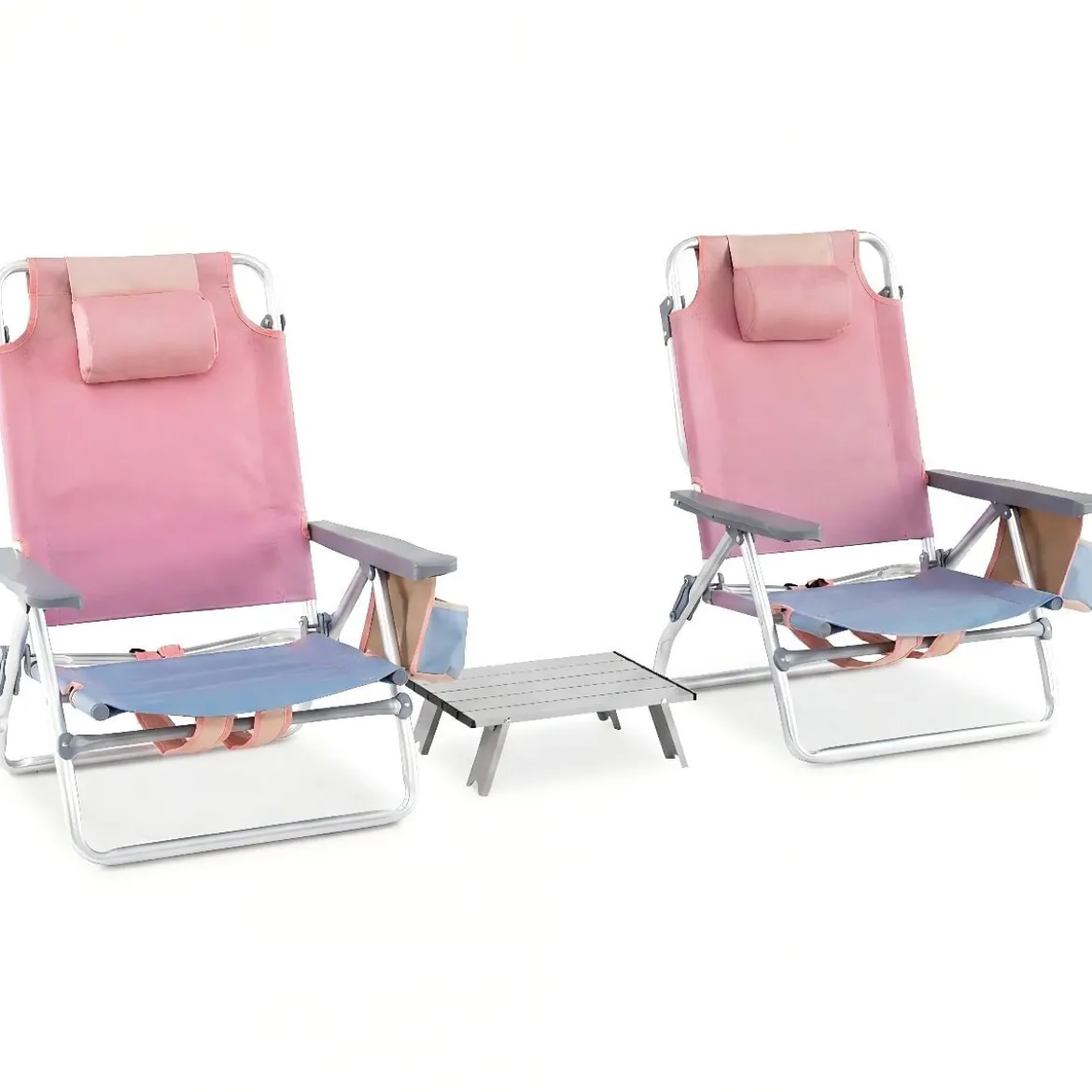 2er Set Strandstühle mit Tisch Klappbare Campingstühle mit Verstellbarer Rückenlehne