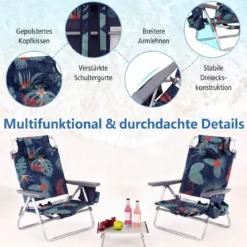 2er Set Strandstühle mit Tisch Klappbare Campingstühle mit Verstellbarer Rückenlehne