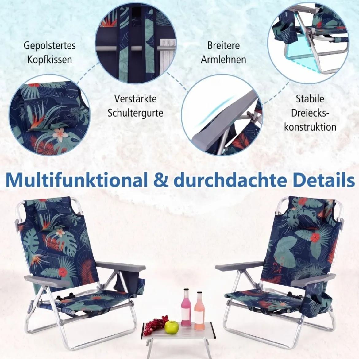 2er Set Strandstühle mit Tisch Klappbare Campingstühle mit Verstellbarer Rückenlehne