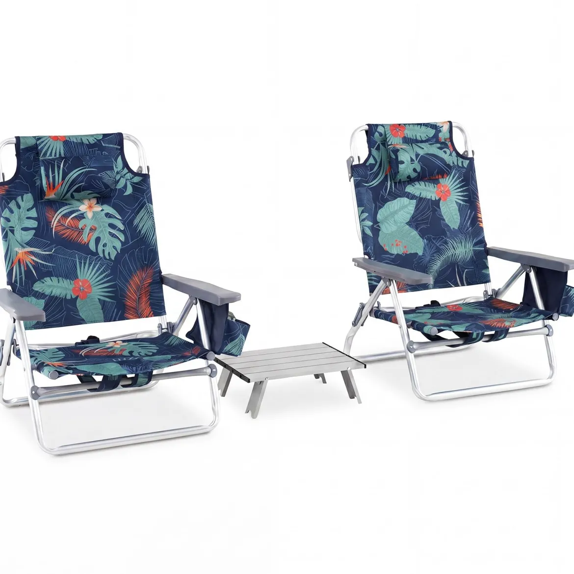 2er Set Strandstühle mit Tisch Klappbare Campingstühle mit Verstellbarer Rückenlehne