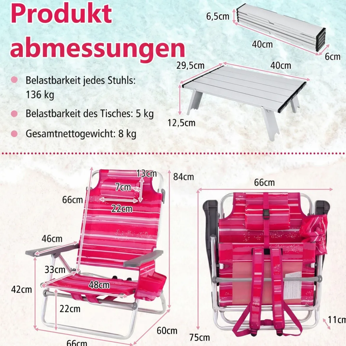 2er Set Strandstühle mit Tisch Klappbare Campingstühle mit Verstellbarer Rückenlehne
