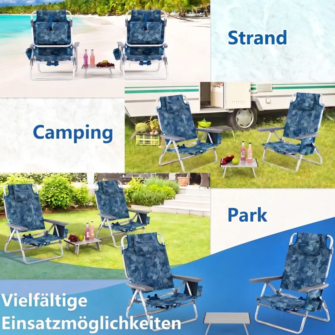 2er Set Strandstühle mit Tisch Klappbare Campingstühle mit Verstellbarer Rückenlehne