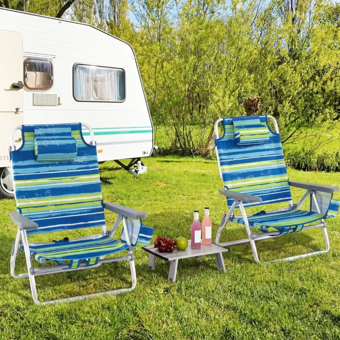 2er Set Strandstühle mit Tisch Klappbare Campingstühle mit Verstellbarer Rückenlehne