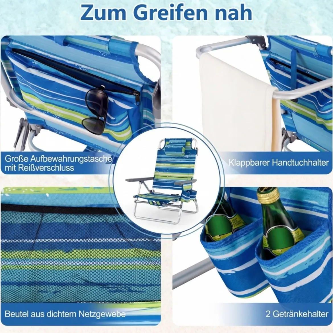 2er Set Strandstühle mit Tisch Klappbare Campingstühle mit Verstellbarer Rückenlehne