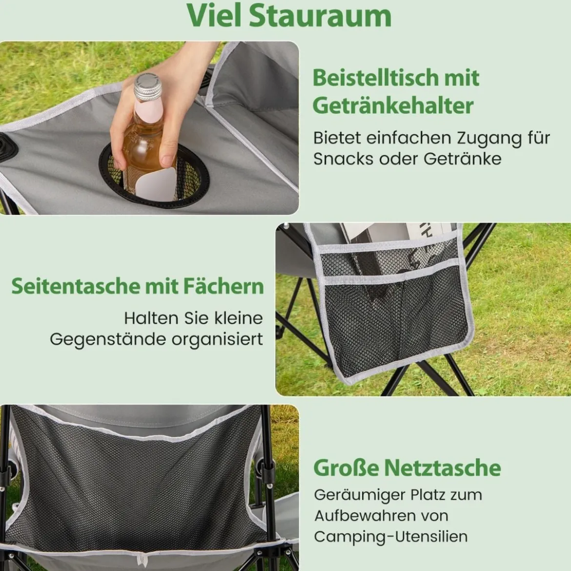 2er Set Strandstuhl faltbarer Picknickstuhl mit 5 Positionen verstellbarer Rückenlehne mit Armlehnen Grau
