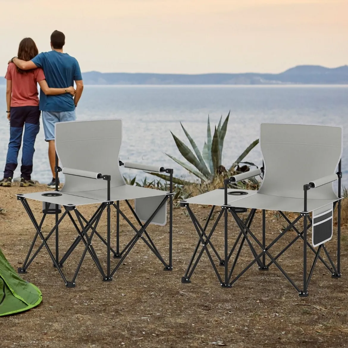 2er Set Strandstuhl faltbarer Picknickstuhl mit 5 Positionen verstellbarer Rückenlehne mit Armlehnen Grau