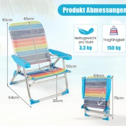 2er Set Strandstuhl faltbarer Picknickstuhl mit 5 Positionen verstellbarer Rückenlehne mit Armlehnen Bunt