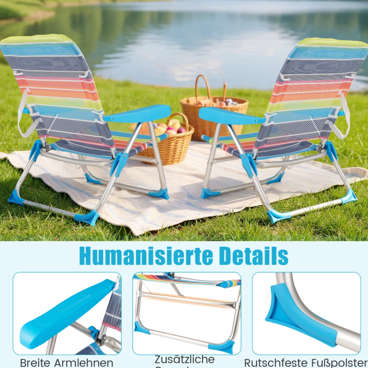 2er Set Strandstuhl faltbarer Picknickstuhl mit 5 Positionen verstellbarer Rückenlehne mit Armlehnen Bunt