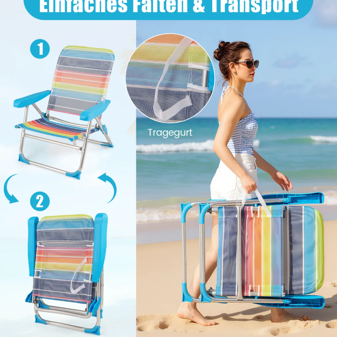 2er Set Strandstuhl faltbarer Picknickstuhl mit 5 Positionen verstellbarer Rückenlehne mit Armlehnen Bunt