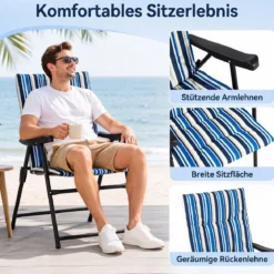 2er Set Strandstuhl Klappbar Campingstuhl mit Hoher Rückenlehne Armlehnen und Breiter Sitzfläche bis 150 kg Belastbar