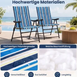 2er Set Strandstuhl Klappbar Campingstuhl mit Hoher Rückenlehne Armlehnen und Breiter Sitzfläche bis 150 kg Belastbar