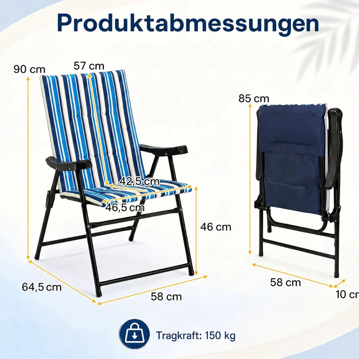 2er Set Strandstuhl Klappbar Campingstuhl mit Hoher Rückenlehne Armlehnen und Breiter Sitzfläche bis 150 kg Belastbar