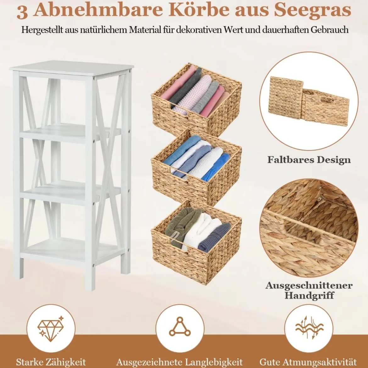 2er Set 4-stufiger Nachttisch mit 3 Seegraskörben & X-Design Schmaler Beistelltisch Weiß