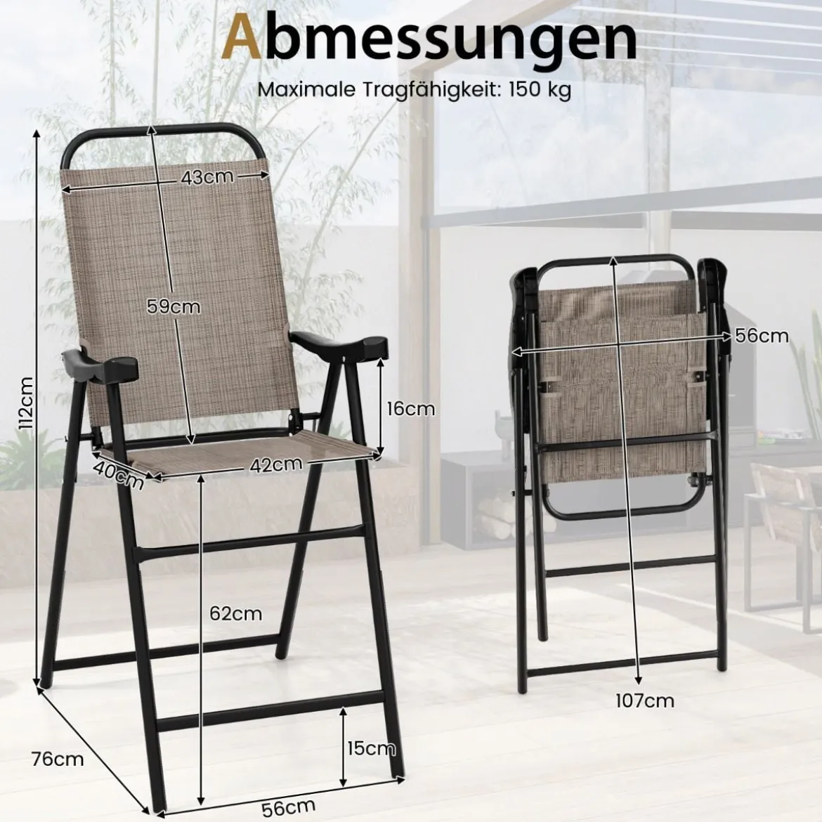2er Set Terrassen-Barhocker mit Metallrahmen & Fußstütze Klappbarer Barstuhl Kaffee