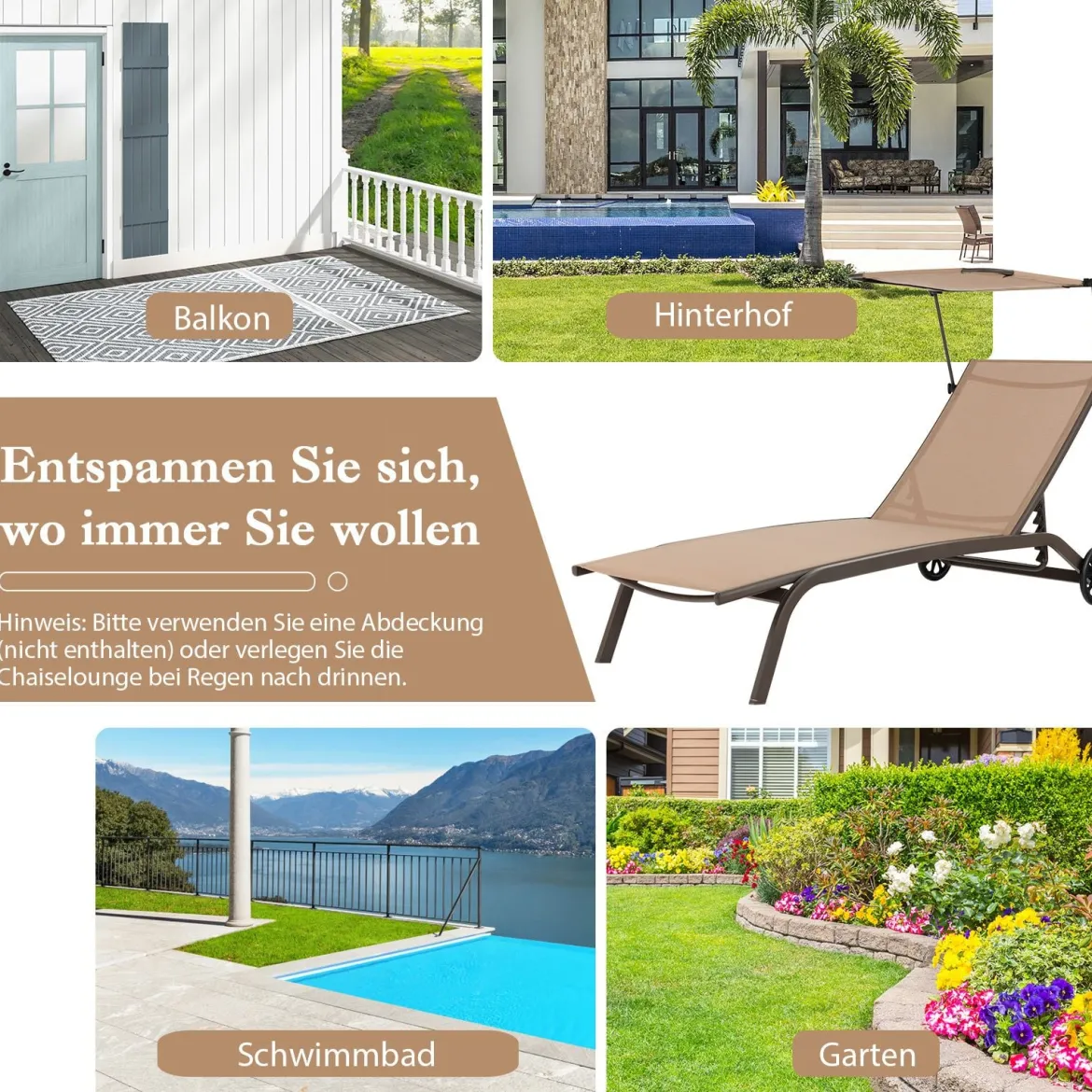 2er Set Terrassenliege Outdoor-Liegestuhl mit Rädern Strandliege aus Metall Braun