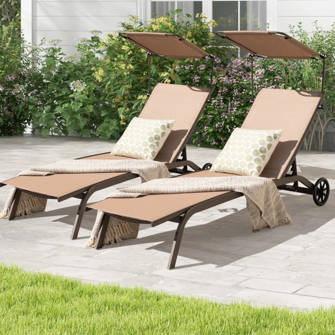 2er Set Terrassenliege Outdoor-Liegestuhl mit Rädern Strandliege aus Metall Braun