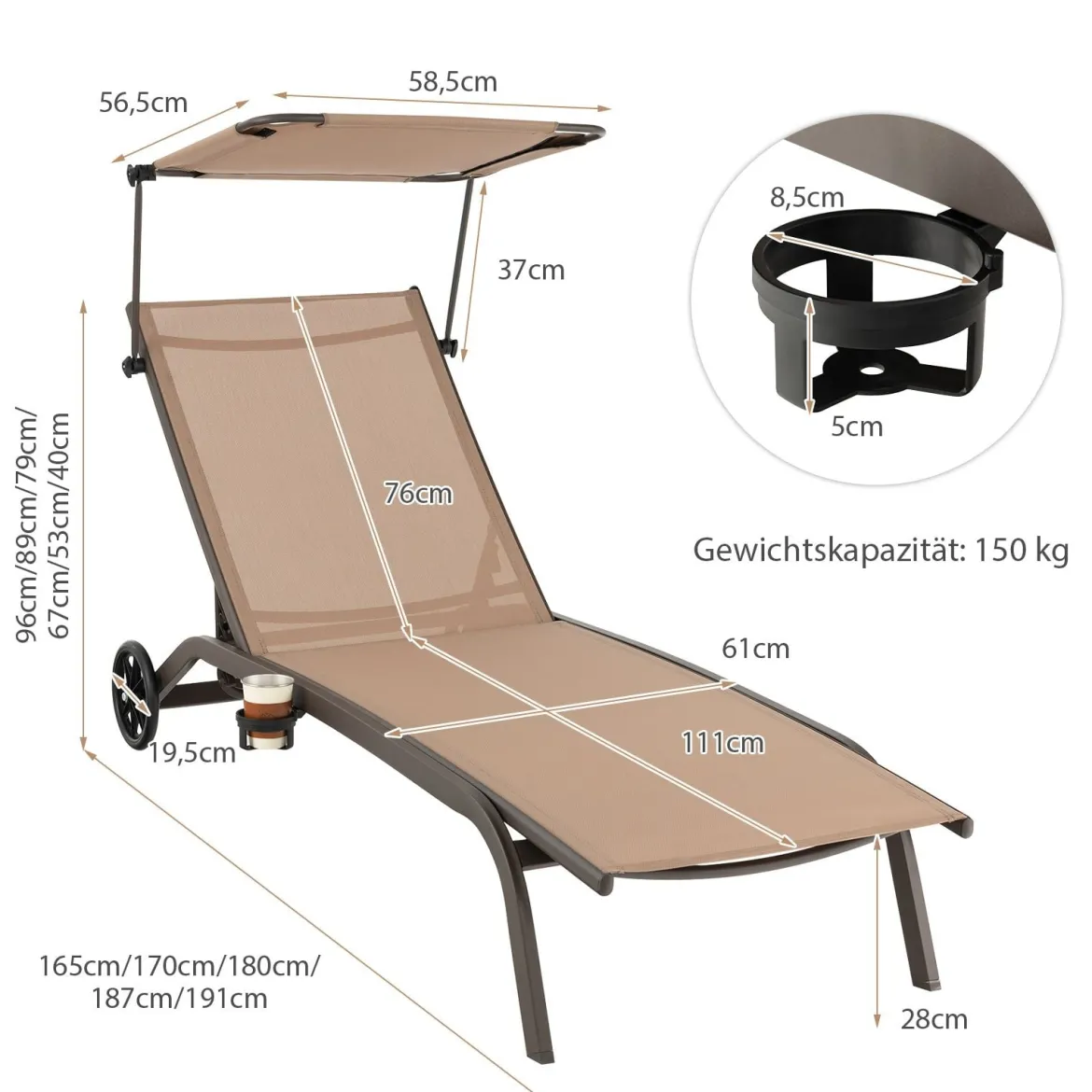 2er Set Terrassenliege Outdoor-Liegestuhl mit Rädern Strandliege aus Metall Braun