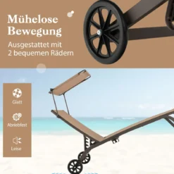 2er Set Terrassenliege Outdoor-Liegestuhl mit Rädern Strandliege aus Metall Braun
