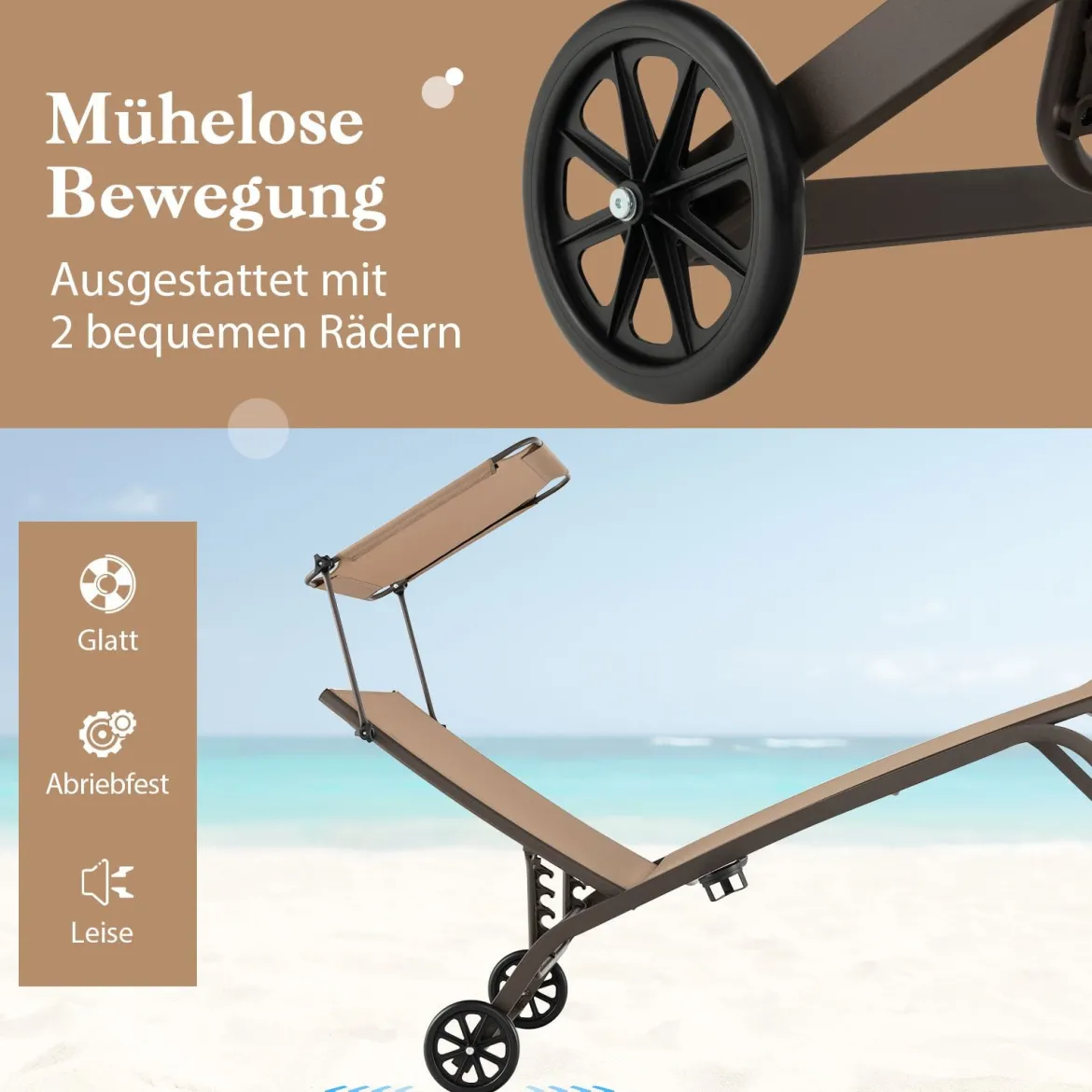 2er Set Terrassenliege Outdoor-Liegestuhl mit Rädern Strandliege aus Metall Braun