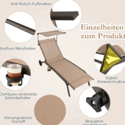 2er Set Terrassenliege Outdoor-Liegestuhl mit Rädern Strandliege aus Metall Braun
