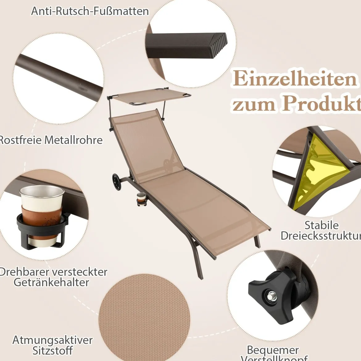 2er Set Terrassenliege Outdoor-Liegestuhl mit Rädern Strandliege aus Metall Braun