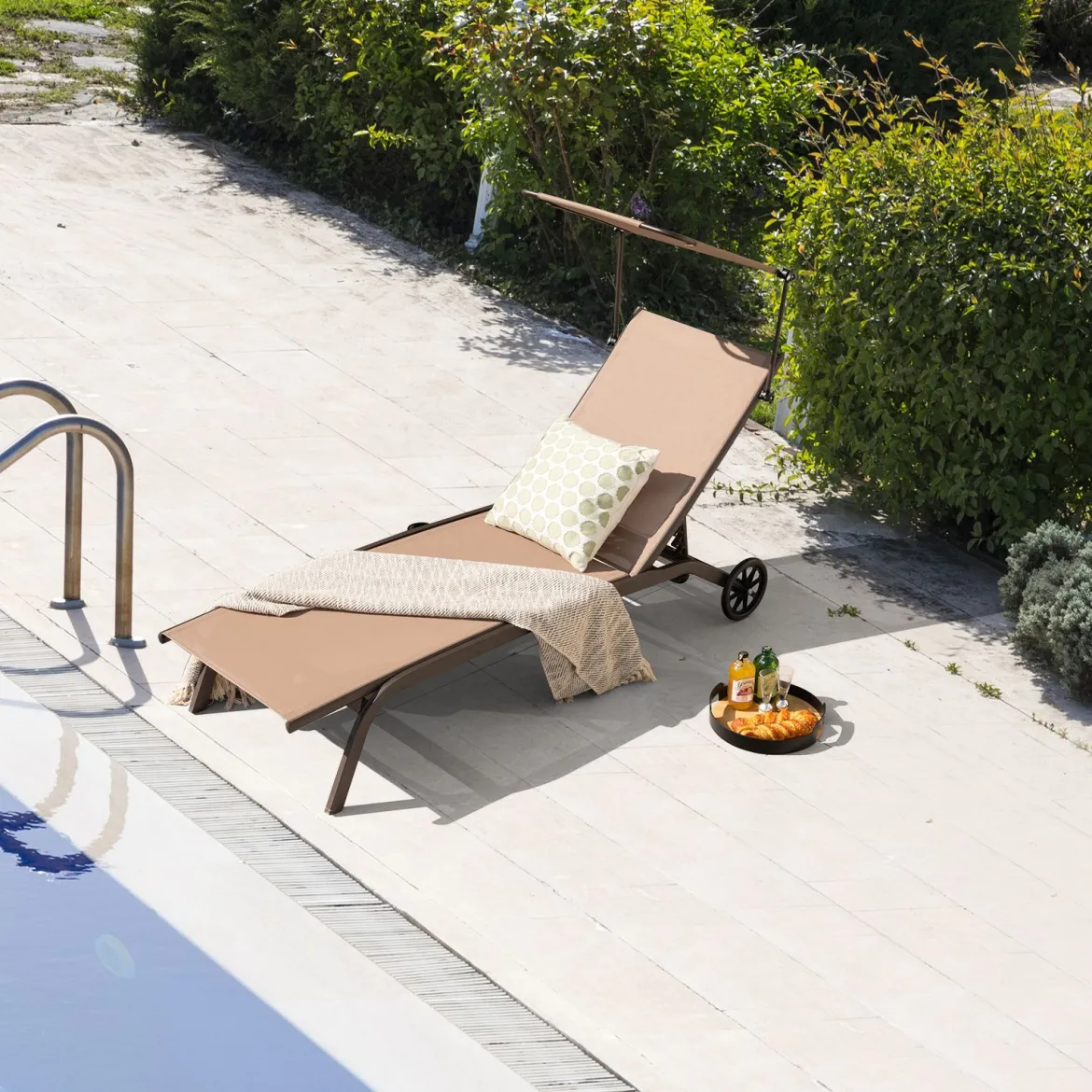2er Set Terrassenliege Outdoor-Liegestuhl mit Rädern Strandliege aus Metall Braun