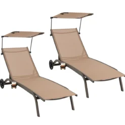 2er Set Terrassenliege Outdoor-Liegestuhl mit Rädern Strandliege aus Metall Braun