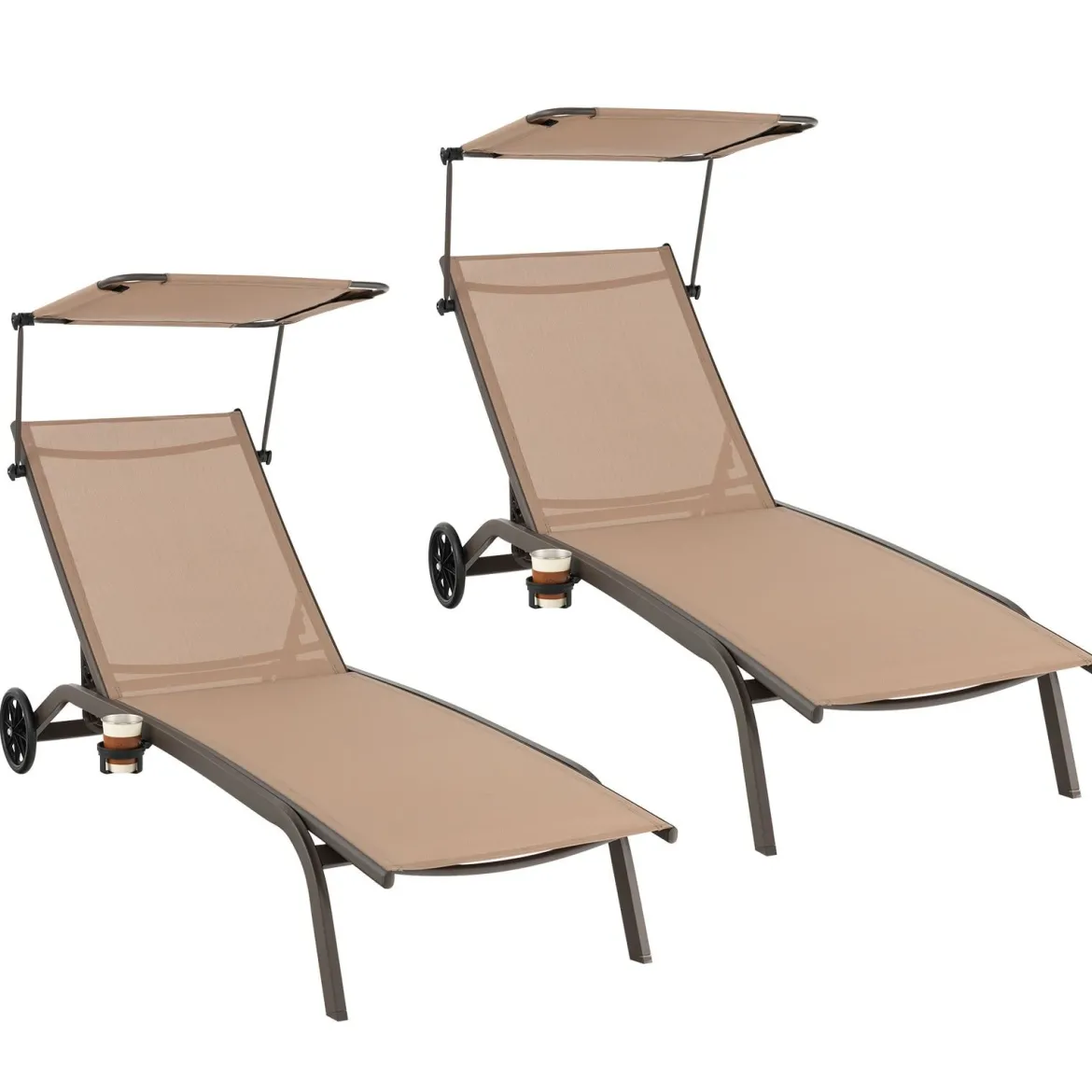 2er Set Terrassenliege Outdoor-Liegestuhl mit Rädern Strandliege aus Metall Braun