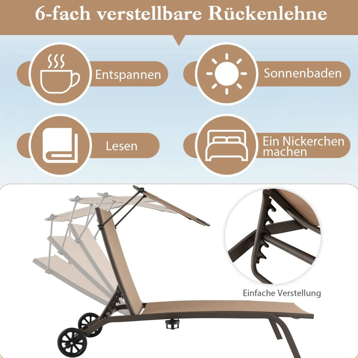 2er Set Terrassenliege Outdoor-Liegestuhl mit Rädern Strandliege aus Metall Braun